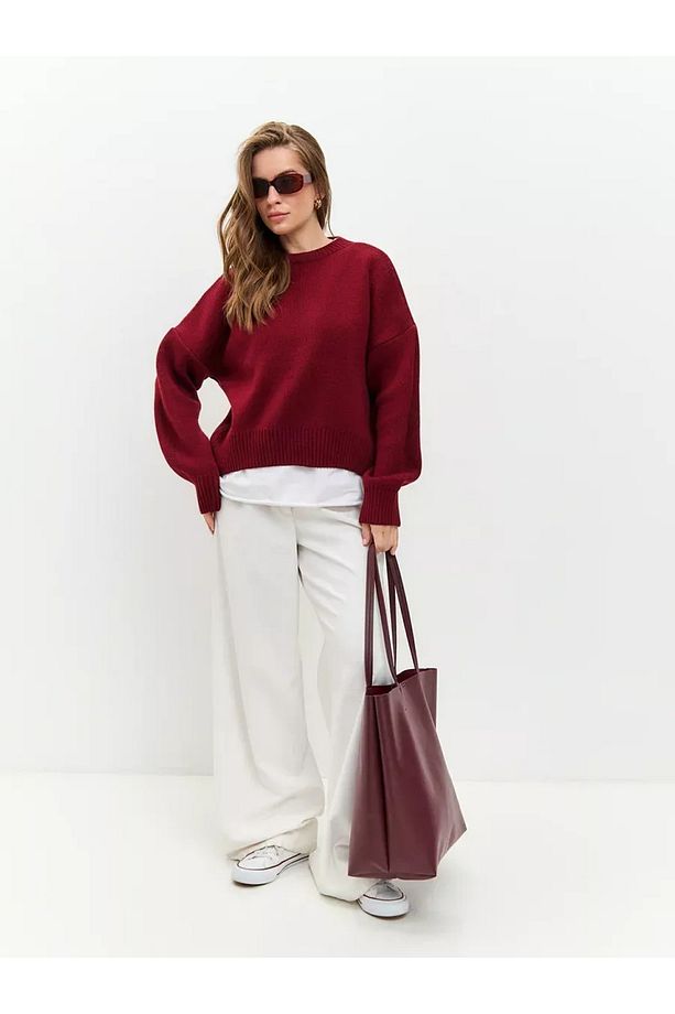 Bordo Bisiklet Yaka Oversize Triko Kazak - 8