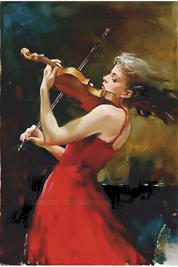 Young Woman Playing Violin Classical Music Oil Painting Home Decoration Retro Wood Poster