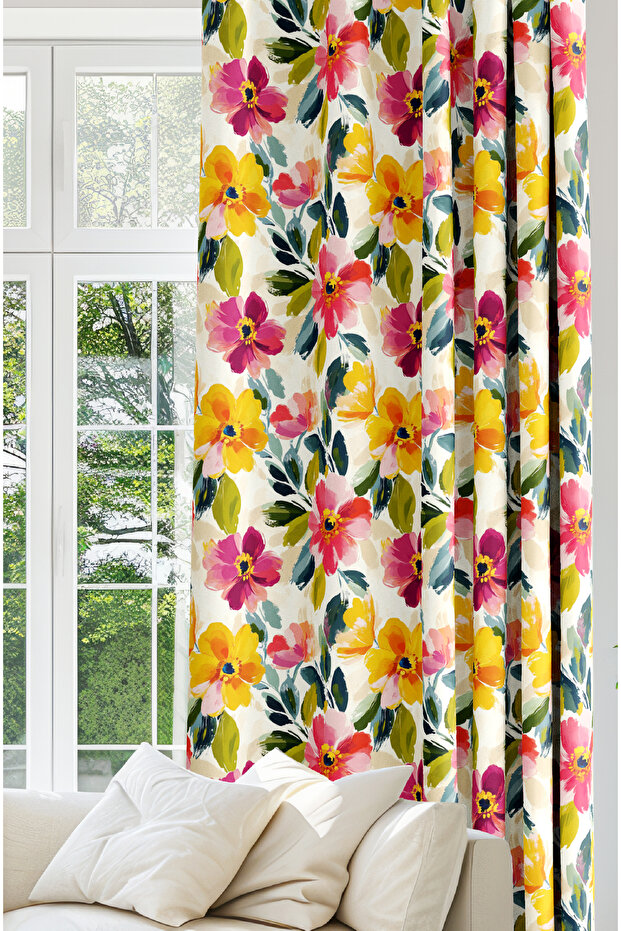 Flower Patterned Digital Printed Background Curtain. Satin Fabric Single Wing