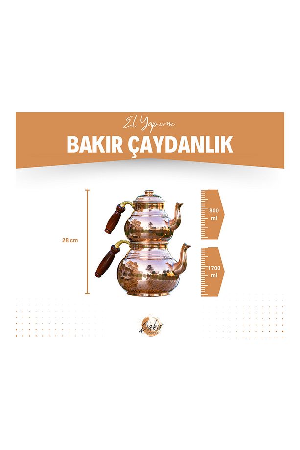 Bakır Çaydanlık Çekiç Dövmeli Kalın Bakır Renk - 4