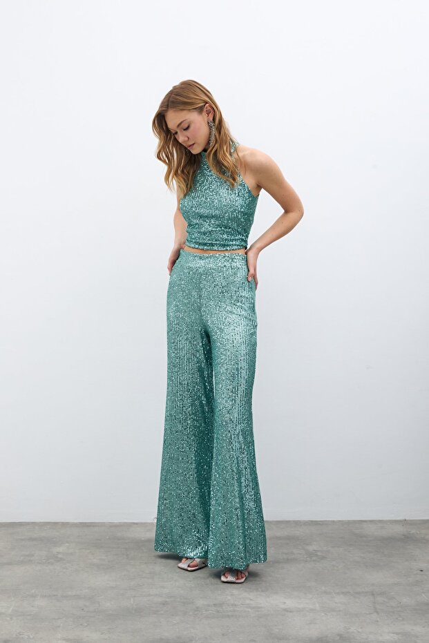 Payetli Salaş Pantolon - Mint - 4