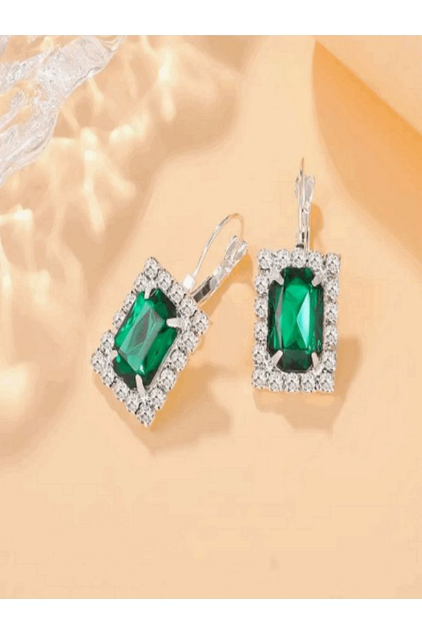 4'lü Gümüş Kaplama Kolye Küpe Yüzük Yeşil Taşlı Kare Set * Baget Model * - 2