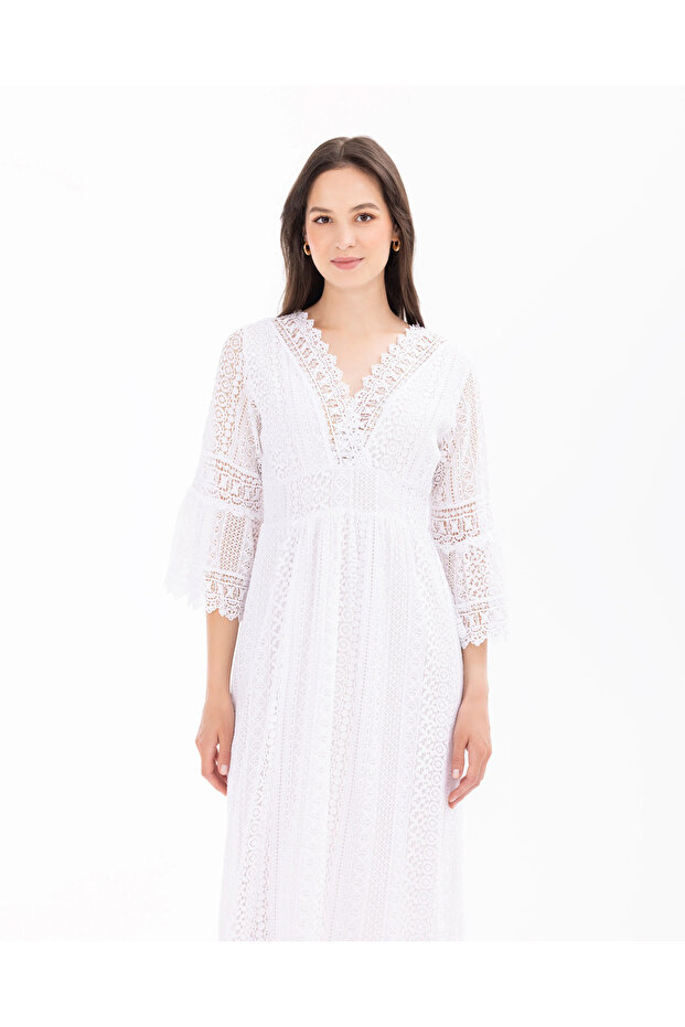 V Yaka Astarlı Elbise - 4