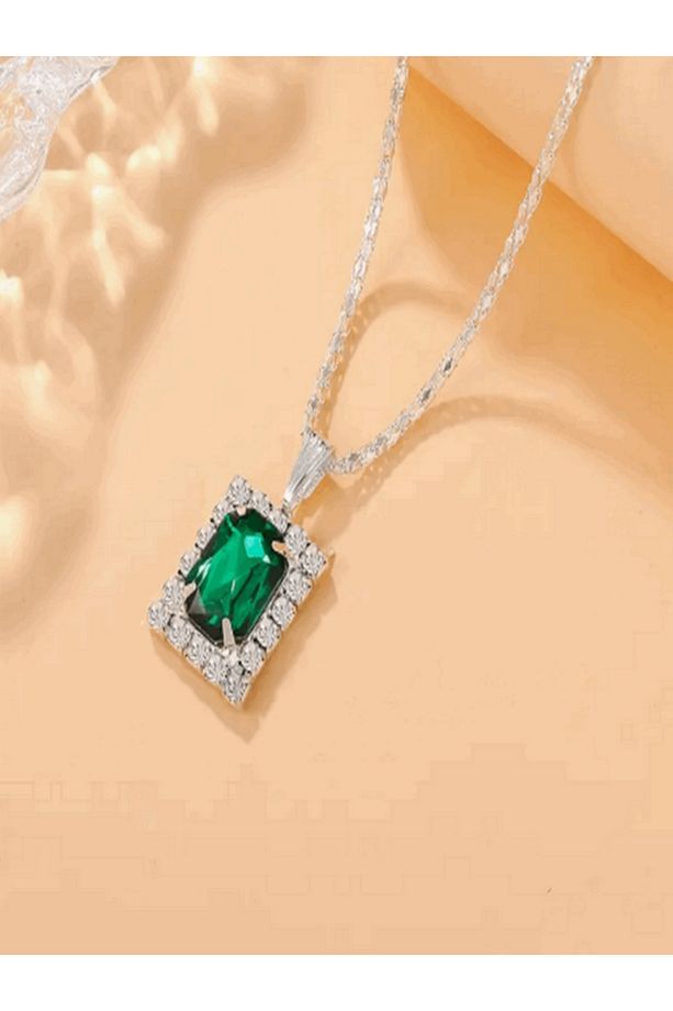 4'lü Gümüş Kaplama Kolye Küpe Yüzük Yeşil Taşlı Kare Set * Baget Model * - 5