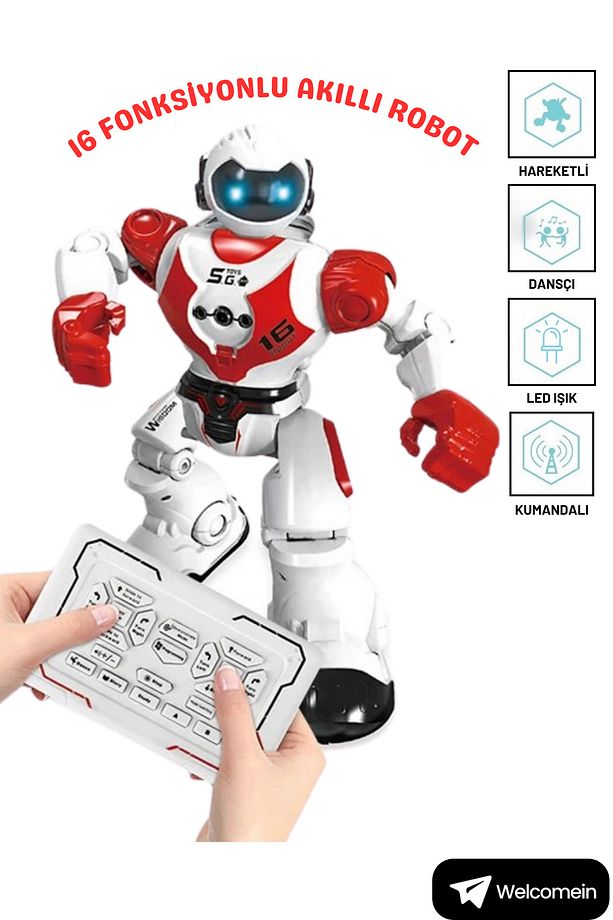 16 Fonksiyonlu Şarjlı Uzaktan Kumandalı Akıllı Robot Sesli Işıklı Programlama Dans Moonwalk Robot - 1