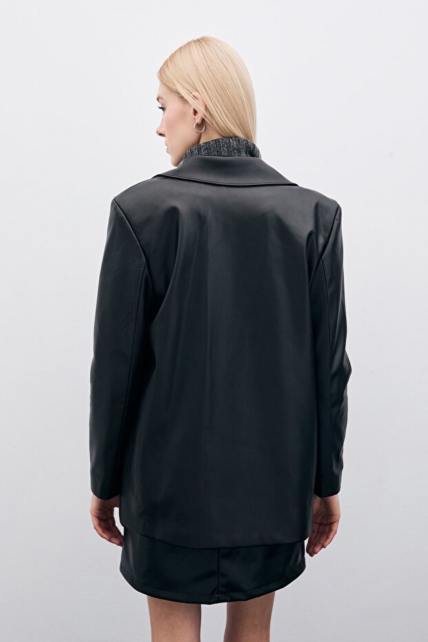 سترة جلدية سوداء فضفاضة - 8