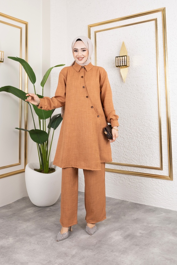 Women's Shirt Collar Double Linen Set with Cross Buttons on the Front and Inner Tie-Up Pants