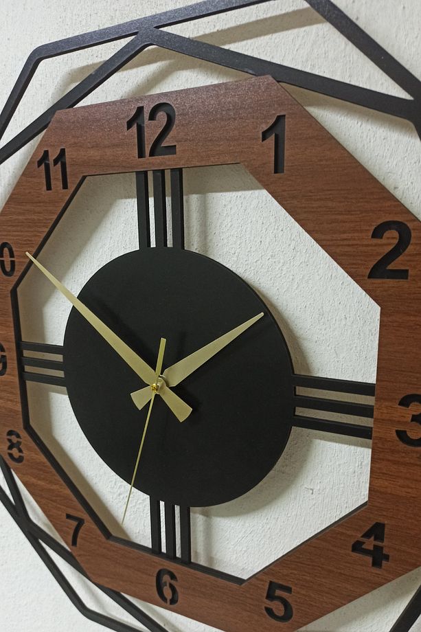 Ceviz Renkli 40 Cm Sekizgen Ahşap Duvar Saati | Modern Ve Dekoratif Duvar Saati Modeli - 5