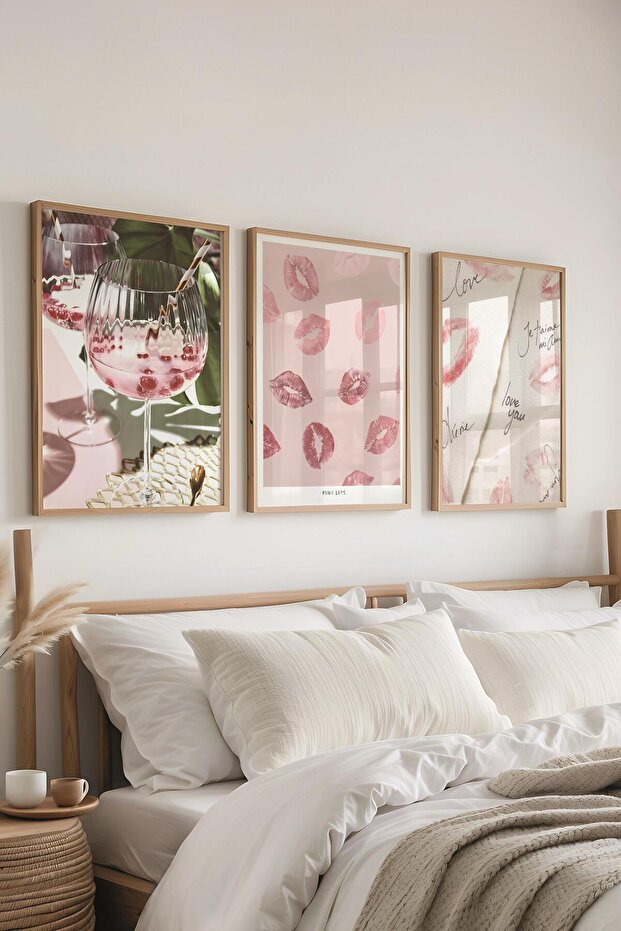 Ahşap Çerçeveli Tablo Seti, Soft Pembe Duvar Tablosu, 3 Adet Poster Seti, No:300715 - 3