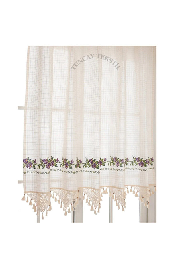 Buldan Curtain Purple Cross Stitched Hand Lace Linen Sunshade Basement Curtain