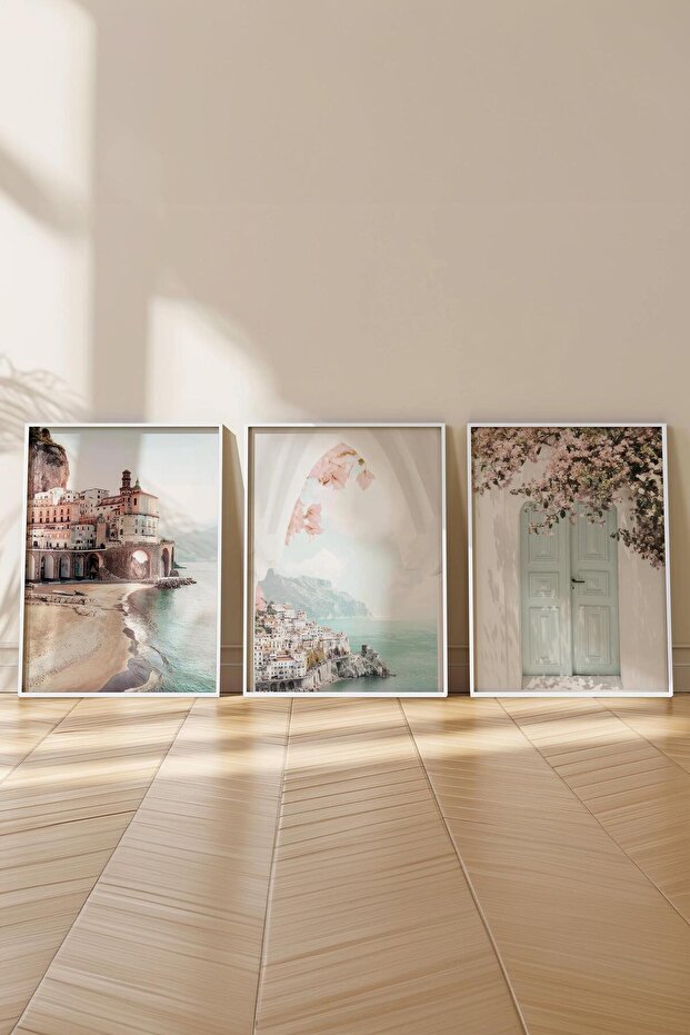 Beyaz Çerçeveli Tablo Seti, Soft Pembe ve Mavi Duvar Tablosu, 3 Adet Poster Seti, No:300736 - 3