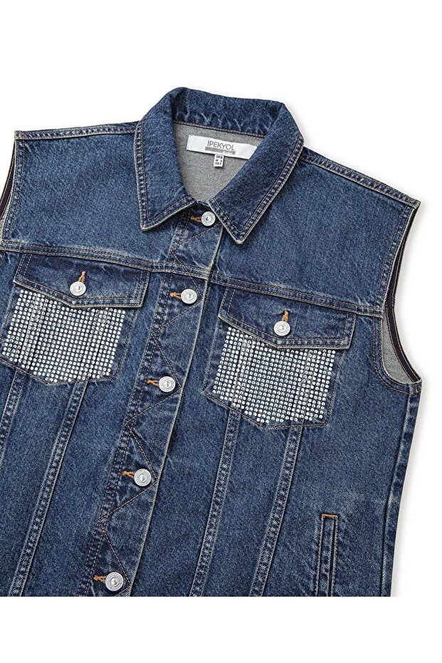 Hotfix baskılı denim yelek - 4