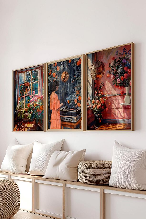 Ahşap Çerçeveli Tablo Seti, Disko Topu Maximalist Duvar Tablosu, 3 Adet Poster Seti, No:300792 - 1