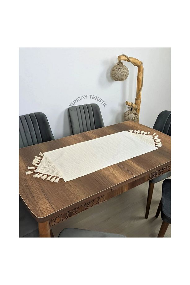 El Dantelli Püsküllü Runner Ranır Örtü Buldan Işi Monika Keten Sehpa Masa Üstü Örtüsü Şömen 45x100 - 3