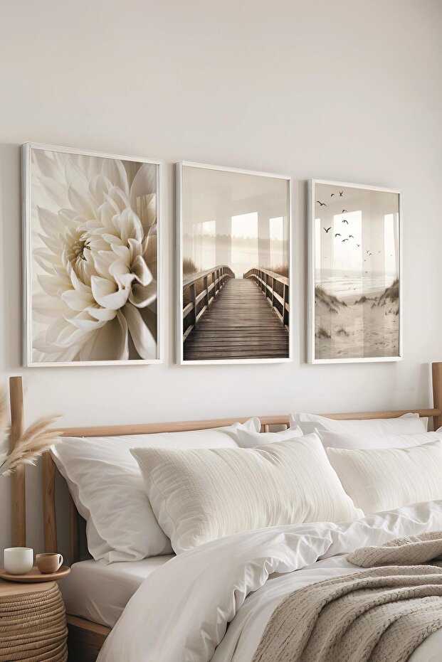 Beyaz Çerçeveli Tablo Seti, Bej Duvar Tablosu, 3 Adet Poster Seti, No:300693 - 1