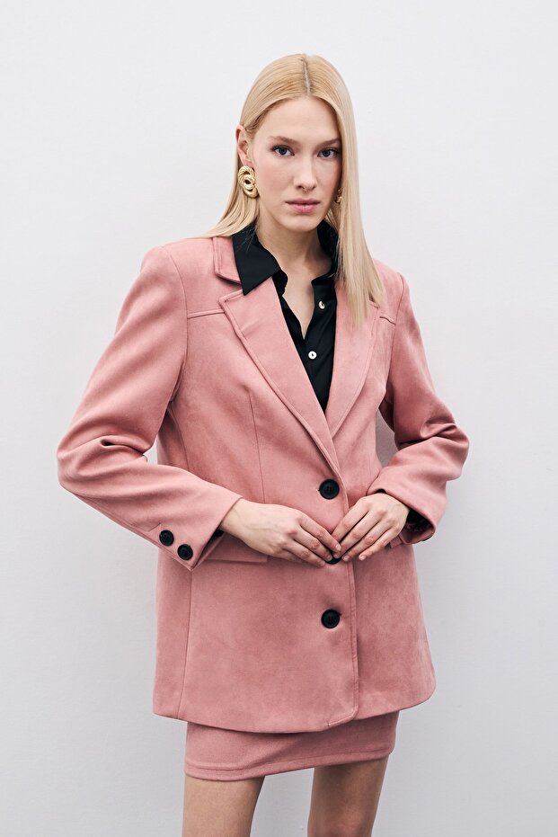 Buttoned Suede Jacket - Powder - 3