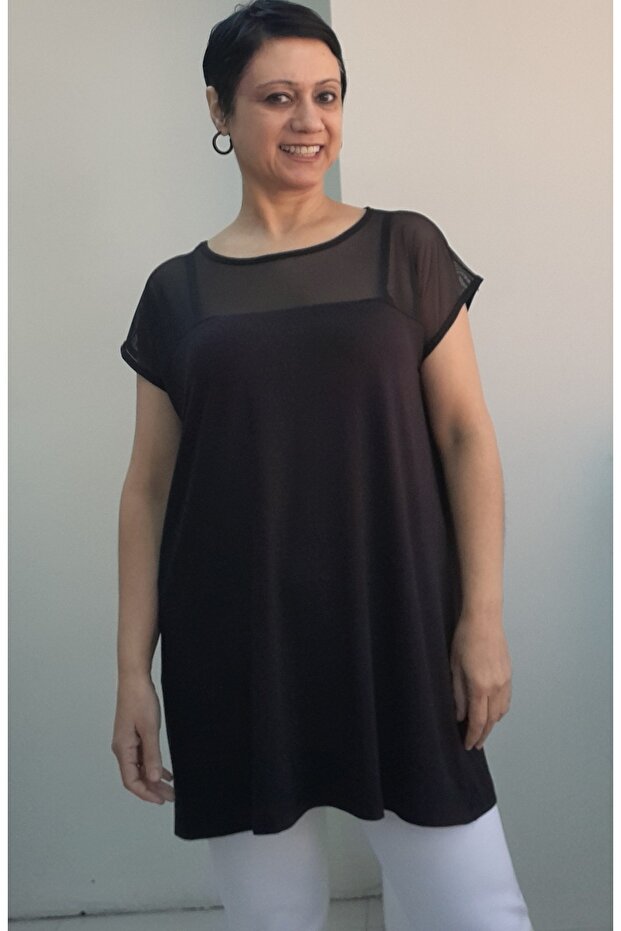 Coming Low Sleeve Combed Cotton Viscose T-Shirt in Black Front and Back Route Tulle Detailed Size Whole