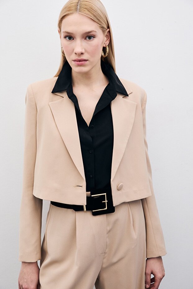 Kısa Krep Ceket - Bej - 5