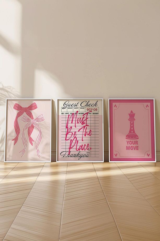 Beyaz Çerçeveli Tablo Seti, Pembe İllustrasyon Duvar Tablosu, 3 Adet Poster Seti, No:300788 - 3