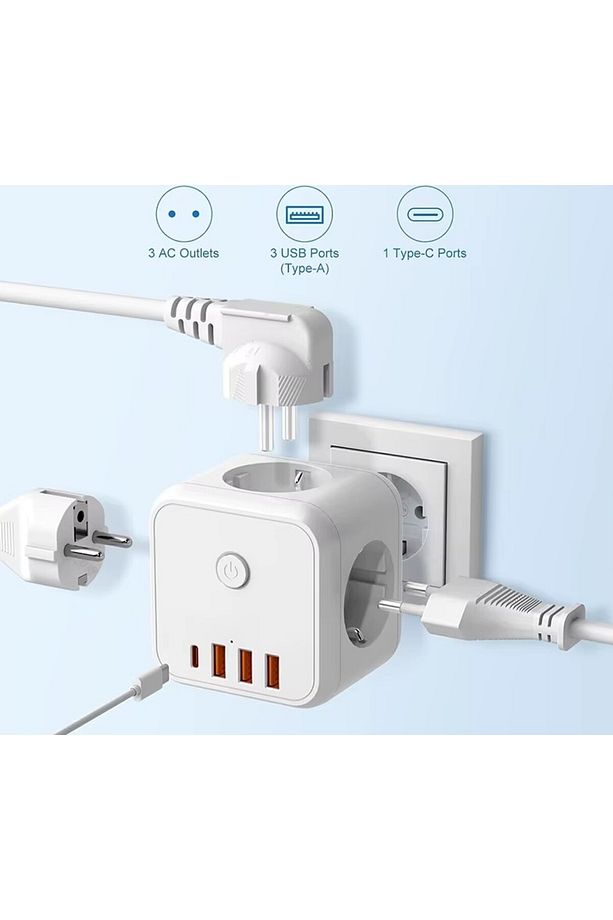 3 SOKETLİ 3XUSB+TYPE-C AKIM KORUMALI PRİZ, 7 in 1 Priz, - 6