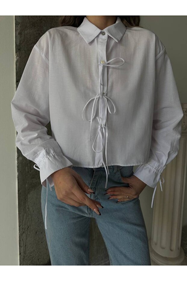 Women's White Stylish Lace Detailed Crop Woven Shirt