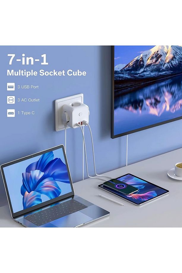 3 SOKETLİ 3XUSB+TYPE-C AKIM KORUMALI PRİZ, 7 in 1 Priz, - 4