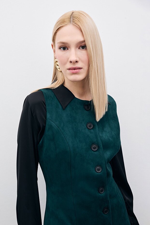 سترة طويلة من جلد الغزال بأزرار - زمرد - 5