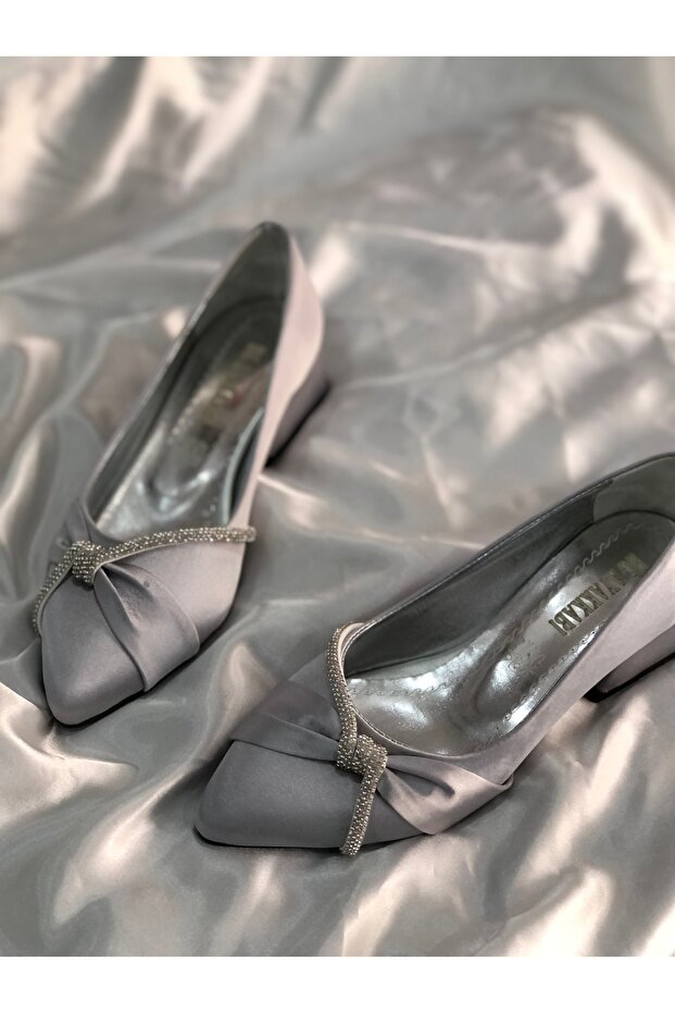 Nelly Silver Satin Stone Ribbon 4 cm Heel Shoes