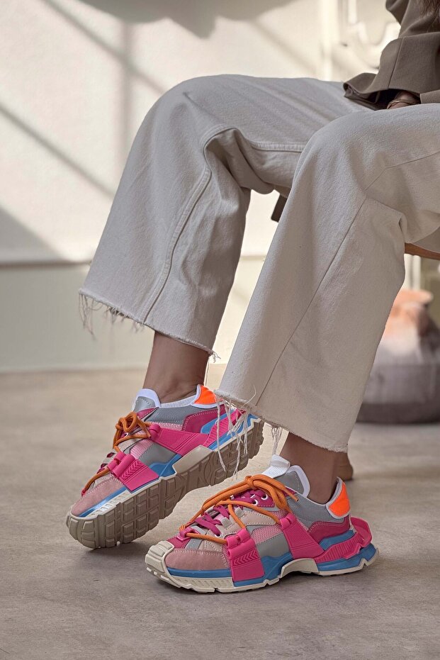 Oslo bézs kék fukszia matt csipke részletes, vastag talpú női sportcipő - 4