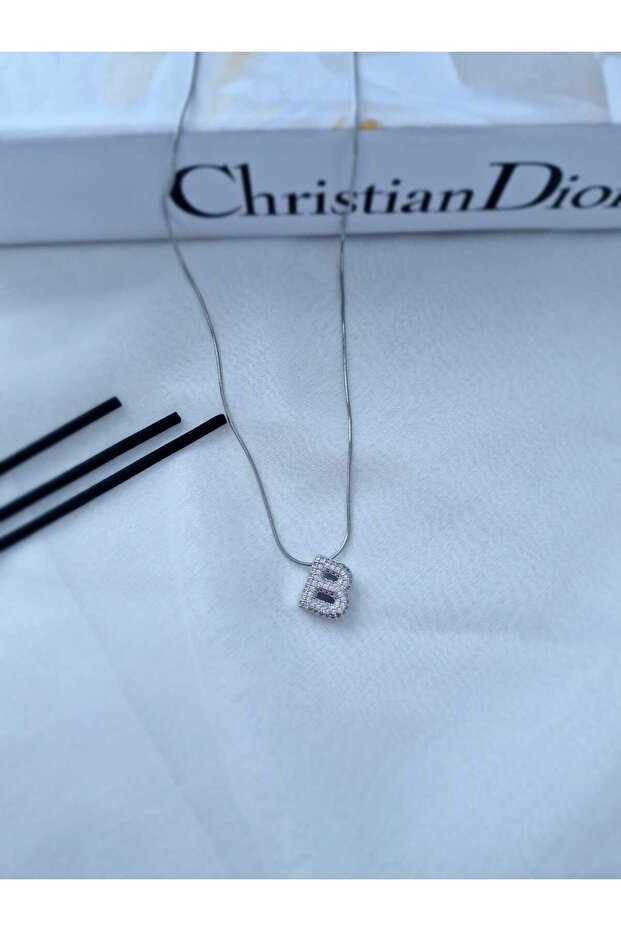 B Harfi Taşlı Çelik Kolye - 2