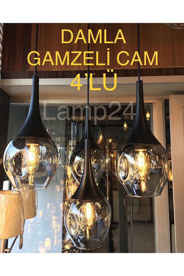 Damla Gamzeli Cam 4’lü Sarkıt Modern Avize - Füme Camlı - 1