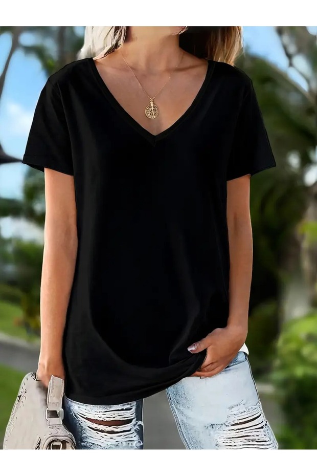 Women's V-Neck T-Shirt Black Oversize Casual