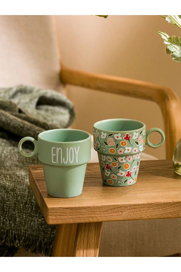 LCW HOME Yeşil Çiçek Desenli Seramik Kupa Seti 2'li 280 Ml T T - 3