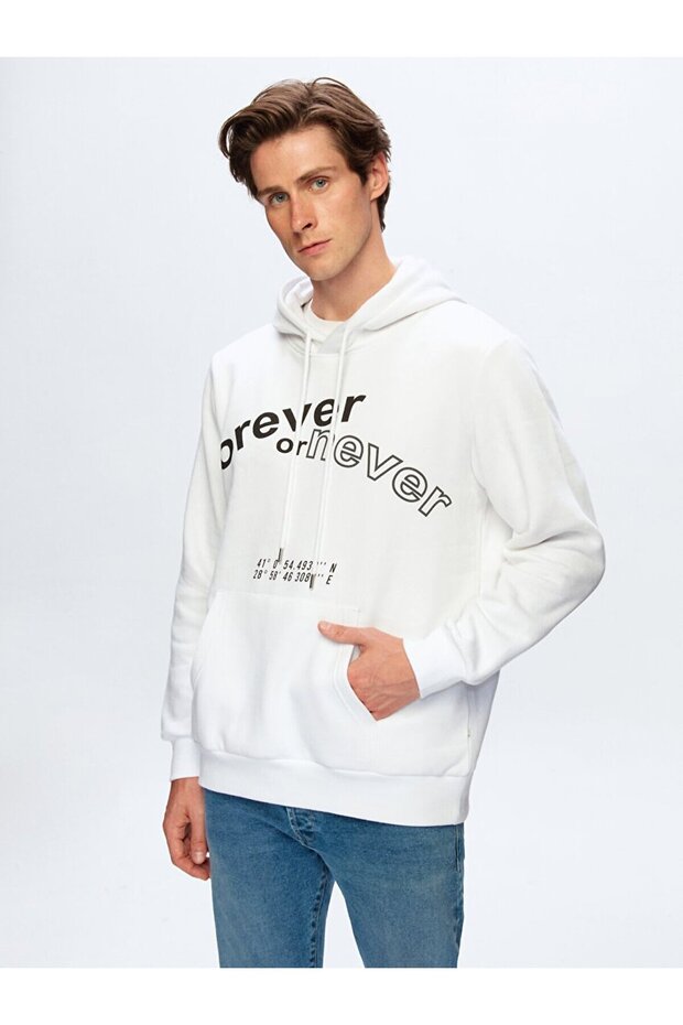 Slogan Baskılı Kapüşonlu Beyaz Sweatshırt - 1