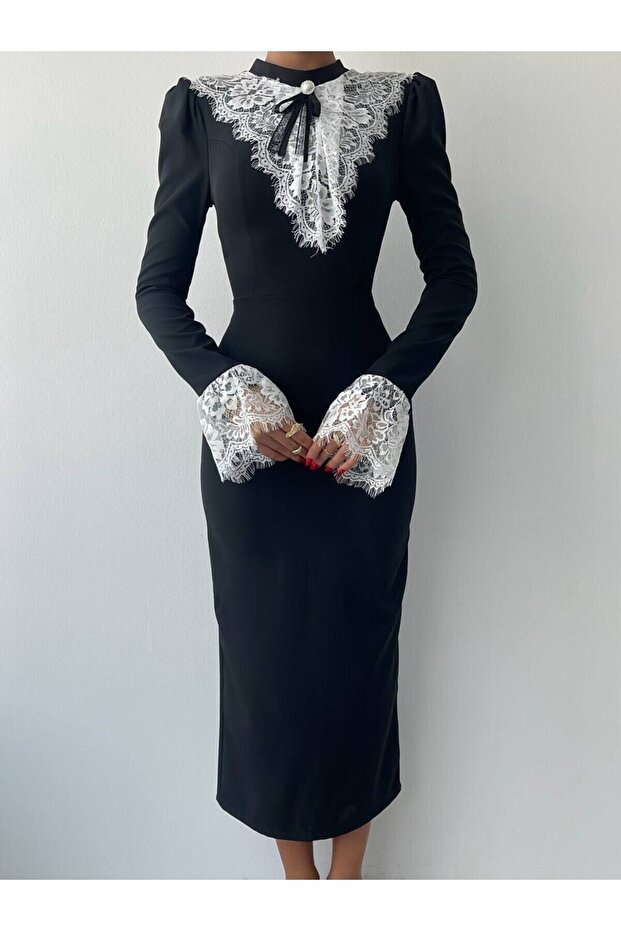 Sukienka premium z kołnierzykiem w kształcie wstążki, dopasowanym krojem, koronkowymi detalami, długim rękawem i długością midi - 2