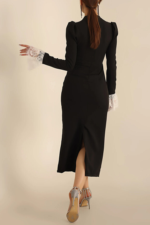 Sukienka premium z kołnierzykiem w kształcie wstążki, dopasowanym krojem, koronkowymi detalami, długim rękawem i długością midi - 7