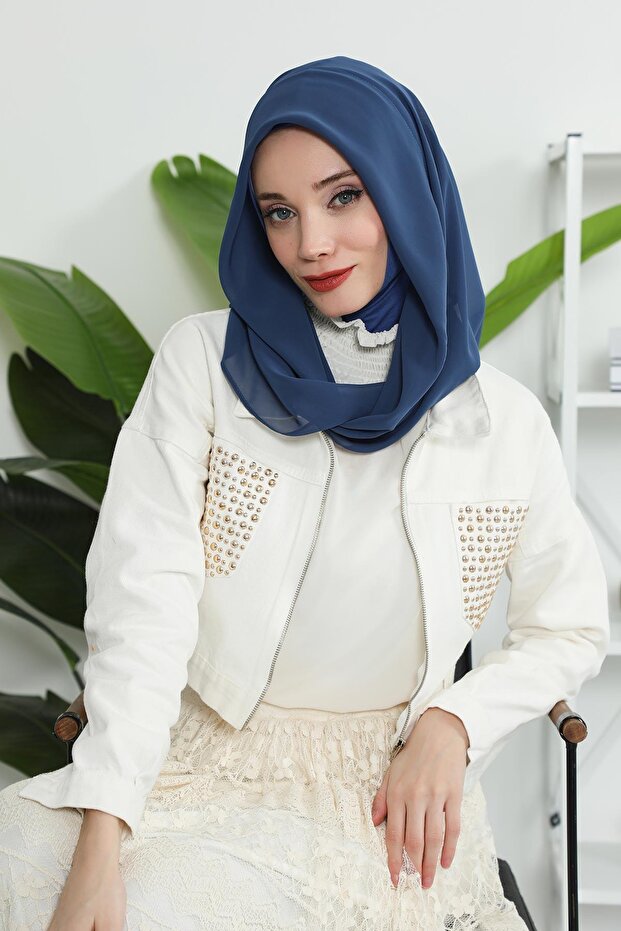 وشاح شيفون عملي من القطن الممشط مع دعامات داخلية، أزرق داكن - نيلي، PS-45