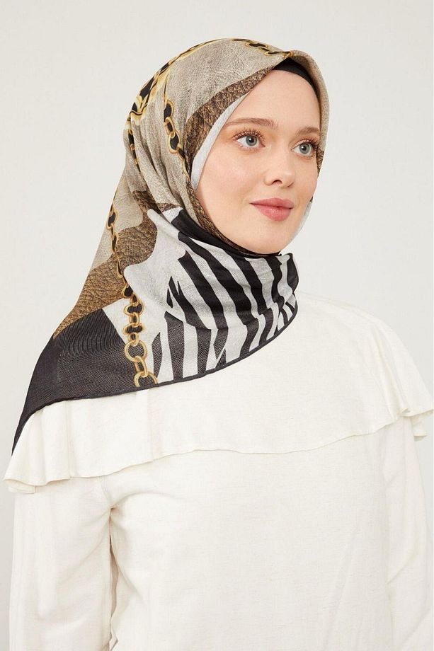 Soft Pamuk Eşarp - 90058-01 Siyah Krem - 1