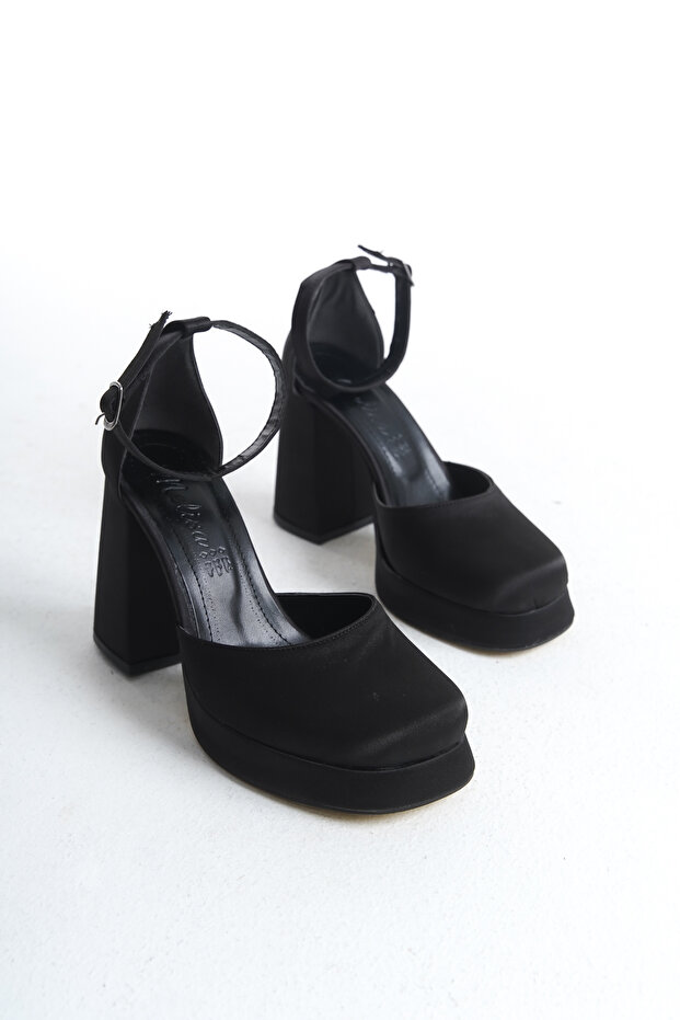 Siyah Saten Kadın Önü Kapalı Platform Topuklu Ayakkabı Bg1115-119-0003 - 5