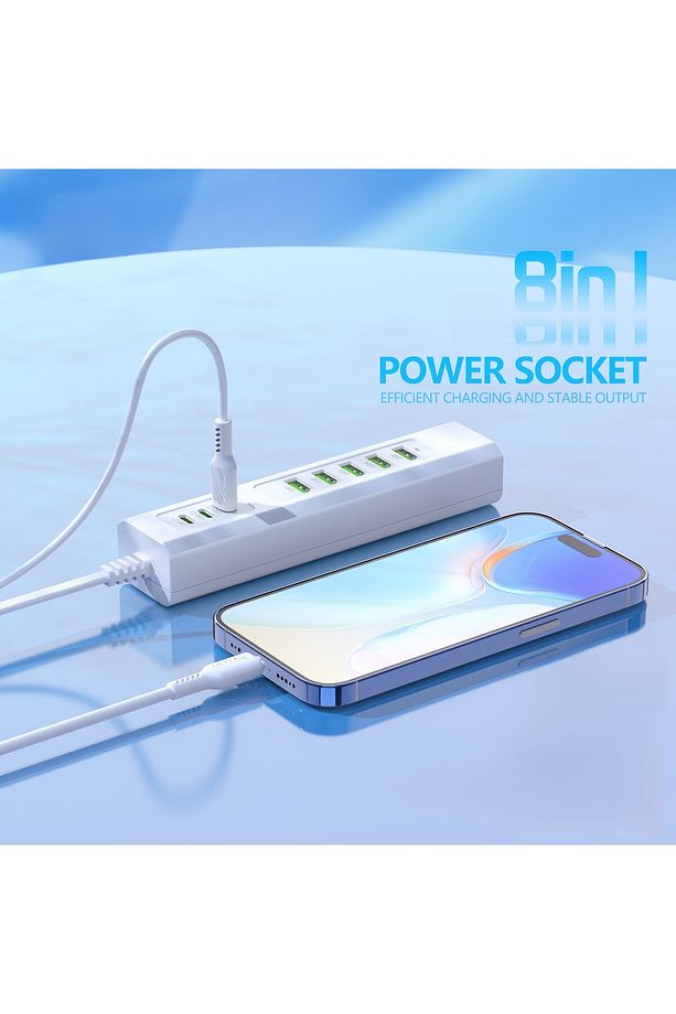 Hızlı Şarjlı USB Hub Çoklayıcı 3x Type-c 5x USB Çıkışlı 220V 1 MT Priz Kablolu Usb Çoğaltıcı - 1