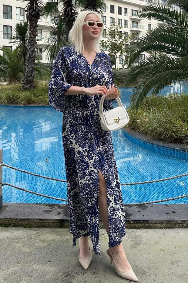 Navy Blue Print Long Dress with Slit Detail Mg2325