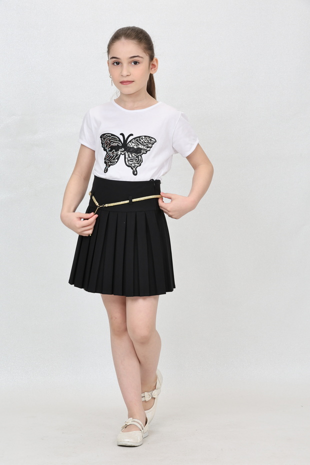 Girl's Butterfly Print T-Shirt Black Pleated Skirt Suit April 23Th October 29Th Show Outfit