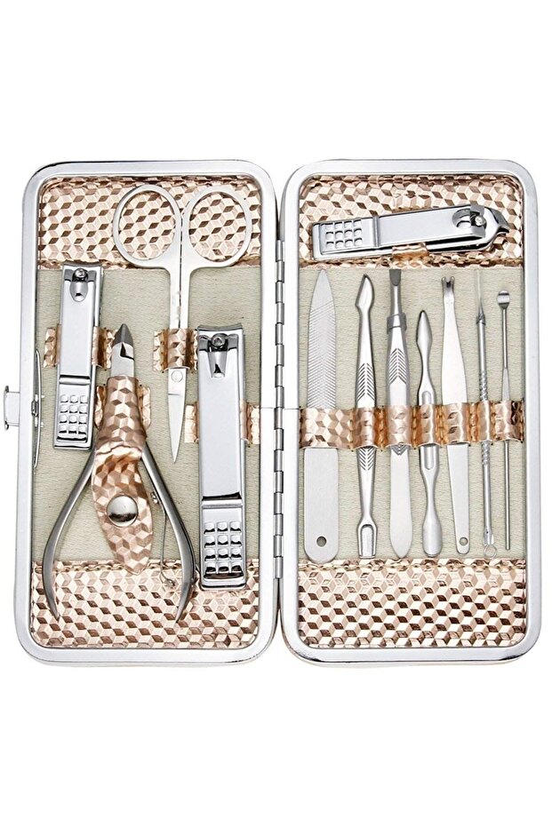 12 Pieces Manicure-Pediküre Set Nail Care Kit in 3D Embossed Gold Bag
