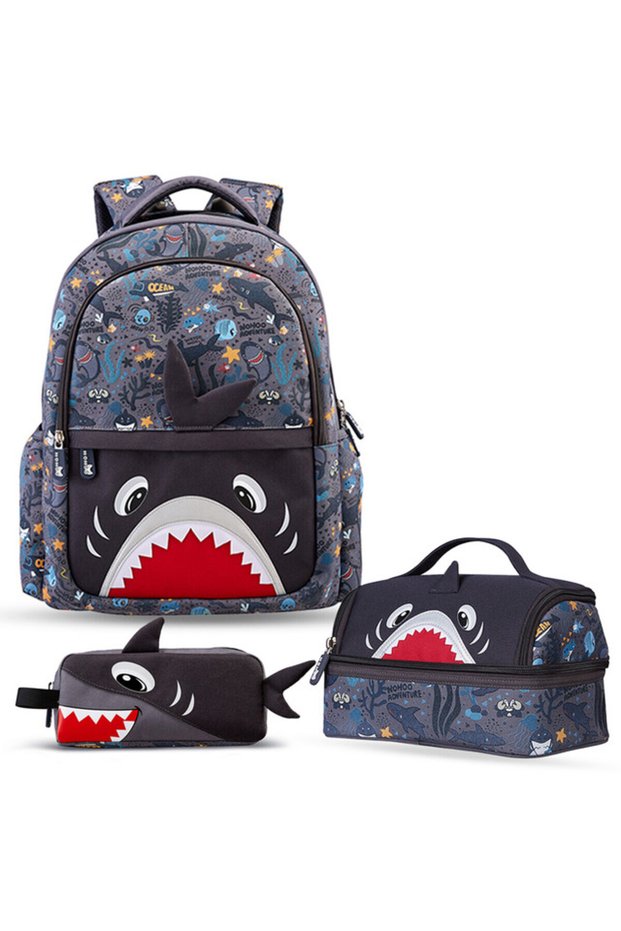 Kids 16 Inch School Bag with Lunch Bag and Pencil Case (Set of 3) Shark - Grey