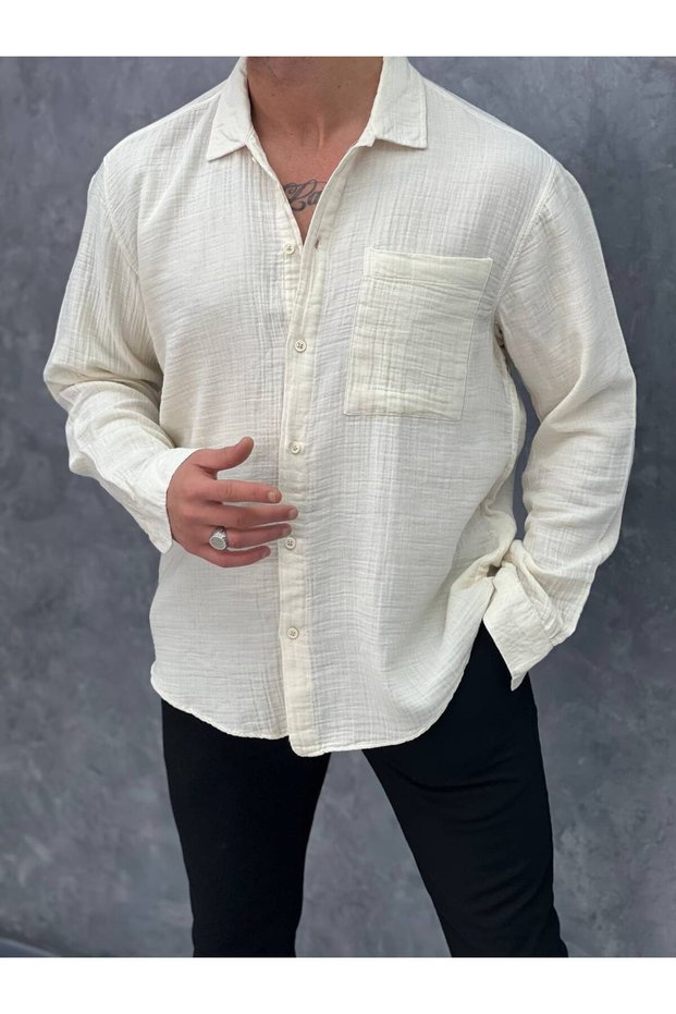Men's Cream Single Pocket Detailed Cotton Textured Oversized Linen Shirt