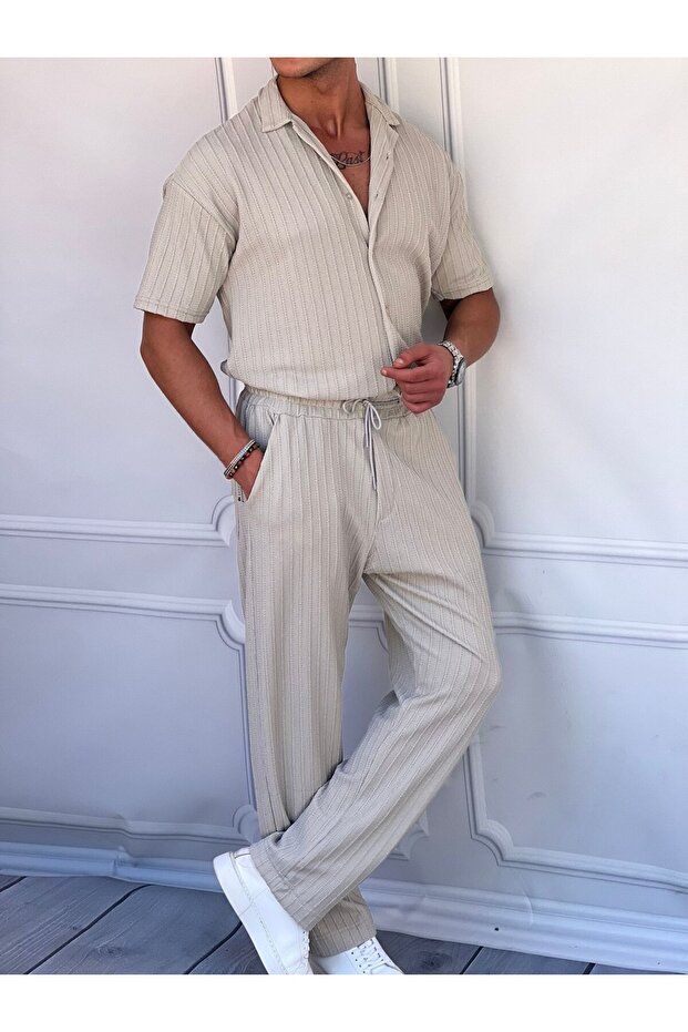 Men's Gray Knitted Patterned Cotton Woven Oversized Cut Bottom Top Set