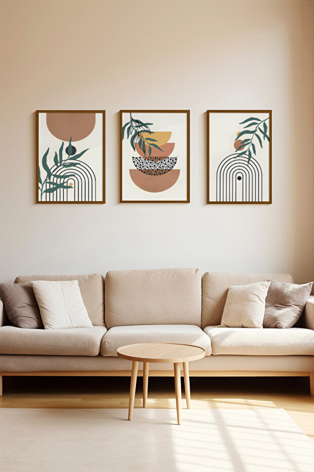 3 Piece Brown Real Wood Framed Painting Set - Model 13