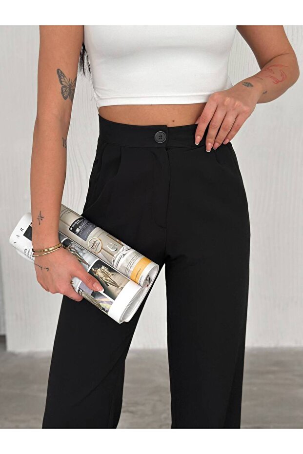 Single Button Wide Leg Basic Trousers - 2