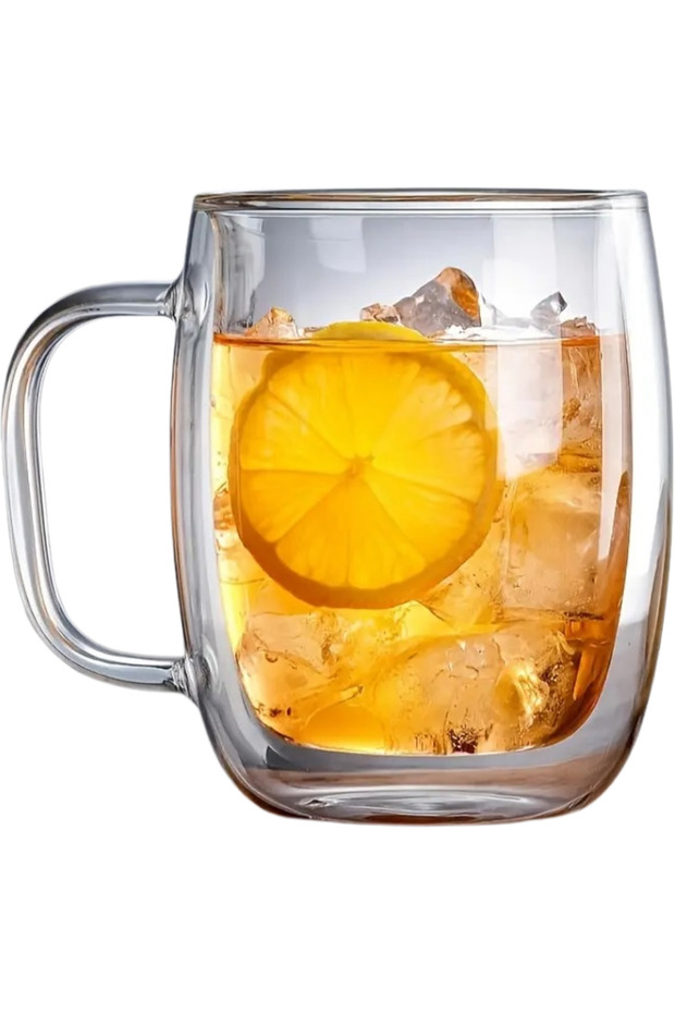 250 ml Double Walled Heat Insulated Glass Transparent Mug with Handle Mıt1008