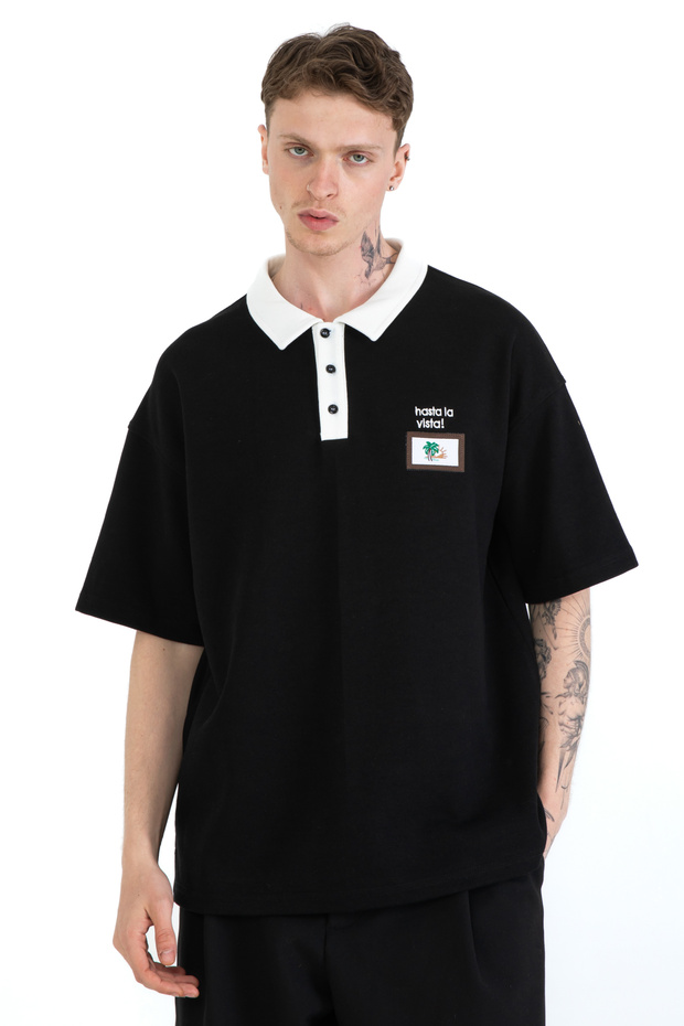 Men's Chest Embroidered Polo Neck Oversize T-Shirt